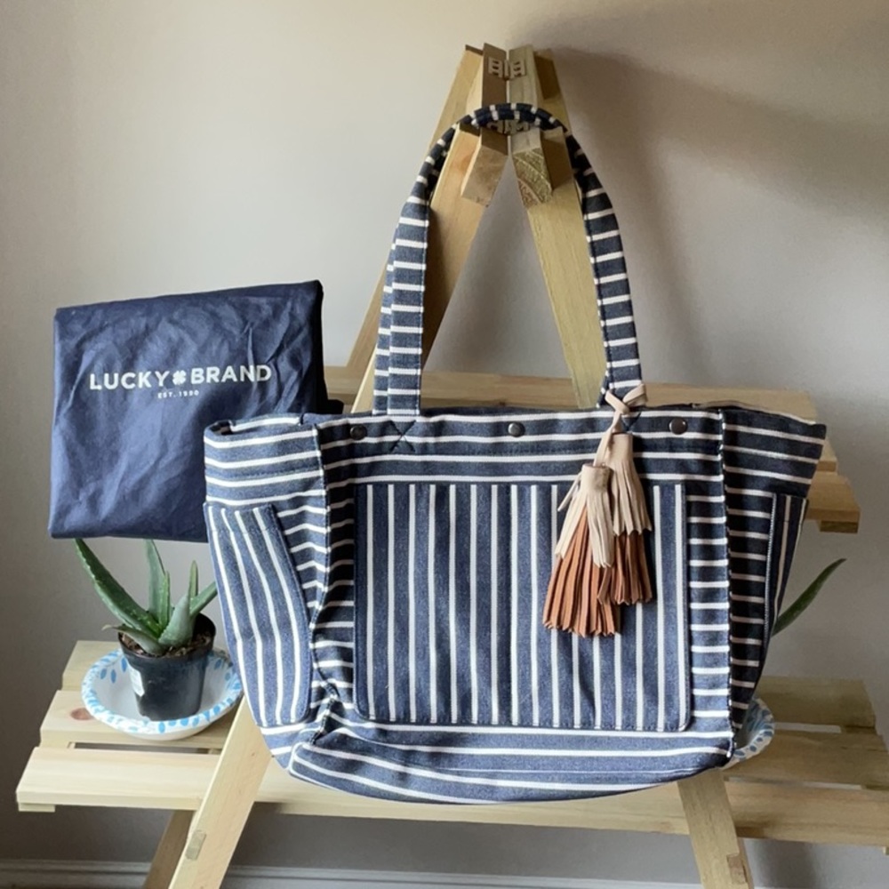 Lucky Brand denim striped tote with suede tassels